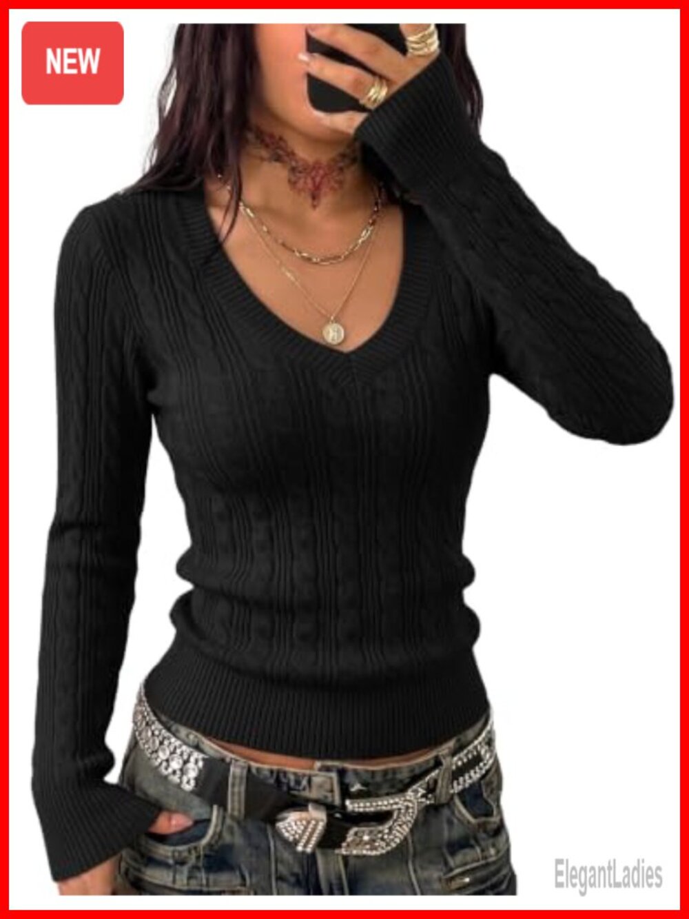 Cable Knit V Neck Long Sleeve Slim Fit Pullover Sweater